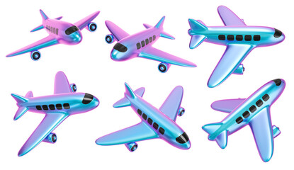 Cartoon holographic airplanes in different angles. Isolated set of iridescent airplanes for aviation design. 3D rendering.