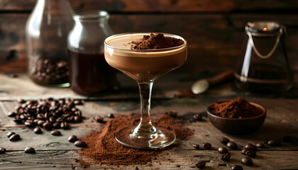 Coffee and cream liqueur, coffee beans roasted and ground coffee on the old wooden background