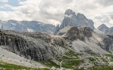 Awesome landscape, Italian Dolomites. Hiking trail near Büllelejochhütte, rifugio pian de cengia....