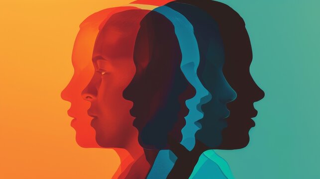 Abstract illustration of multiple overlapping profiles in various colors, representing diversity and unity. The vibrant and contrasting hues create a striking visual effect, emphasizing themes of