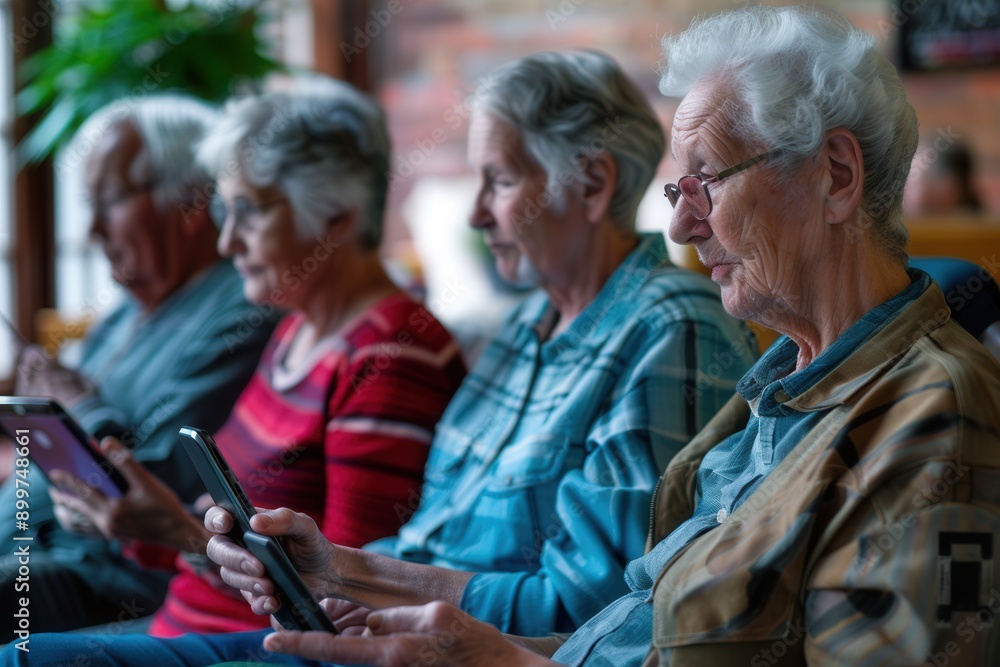 Poster four elderly individuals are sitting closely together, each absorbed in using their tablets while en
