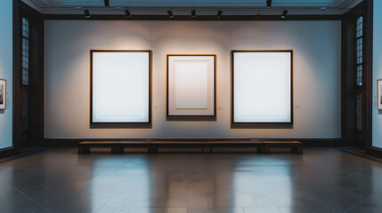 Empty picture frames, empty billboards, and empty information boards in modernly decorated art museum galleries. generative Ai
