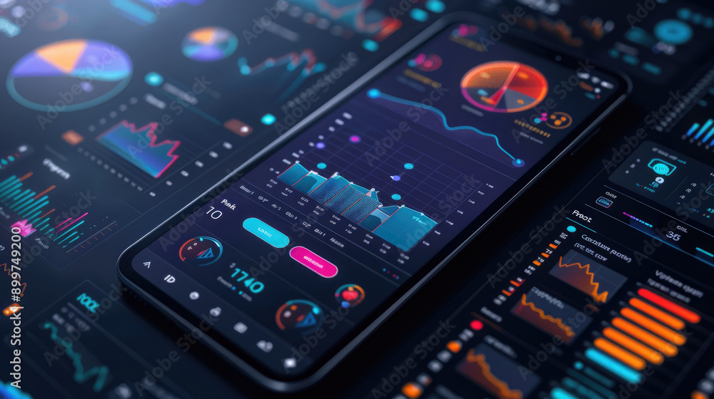 Poster flat design illustration of a financial tracking app interface featuring detailed graphs and charts.