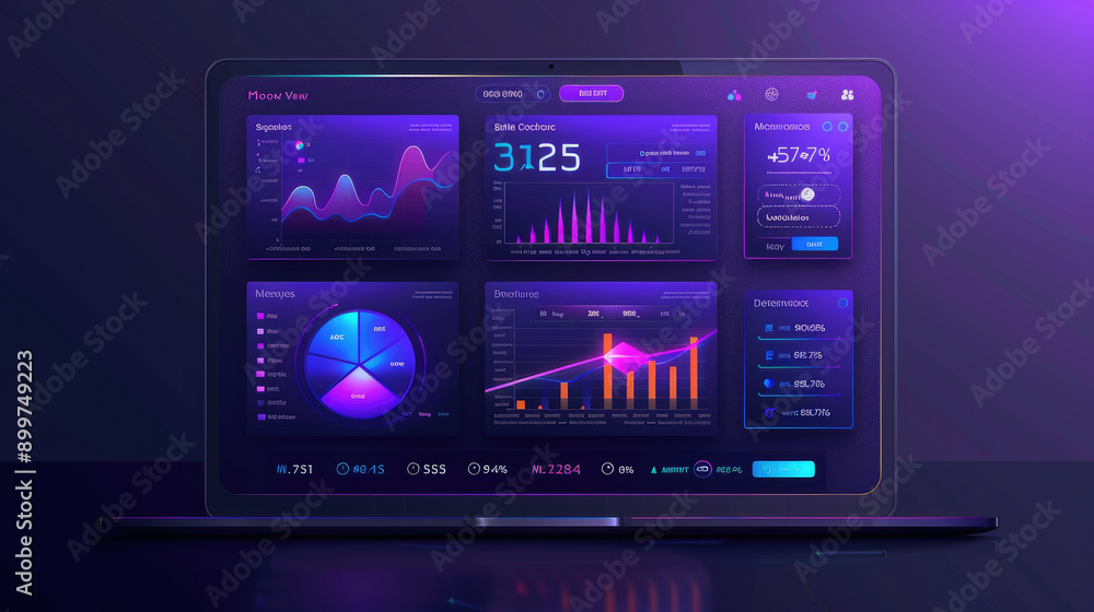 Poster digital dashboard showing investment portfolio overview with graphs and charts in flat design. perfe