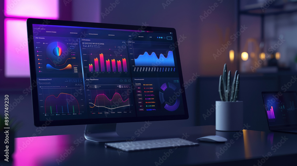 Poster flat design illustration of a digital dashboard for investment portfolio overview. suitable for show