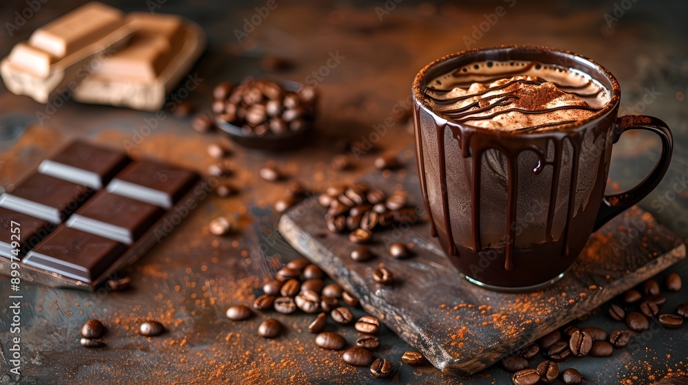 Poster indulgent mocha drink with chocolate drizzle on rustic table with coffee beans and chocolate bar
