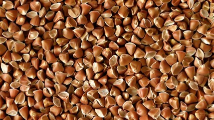 Macro close-up of raw brown buckwheat groats, buckwheat grain texture surface for wallpaper banner background with copyspace