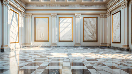 Empty picture frames, empty billboards, and empty information boards on the walls of an art museum decorated with marble, Generative AI
