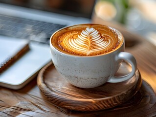 Cozy Coffee Break with Latte Art Leaf in a Modern Caf Setting