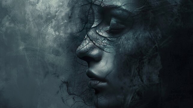 A close-up of a face with eyes closed and a shadowy, ghostly figure whispering into the ear, symbolizing intrusive, negative thoughts.