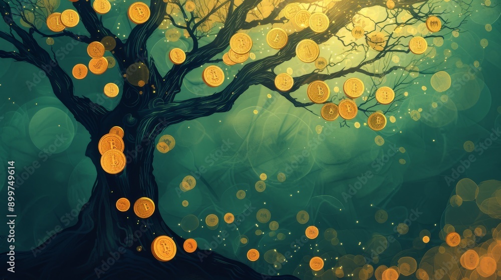 Poster surreal illustration of a digital tree with branches adorned with floating cryptocurrency coins. the