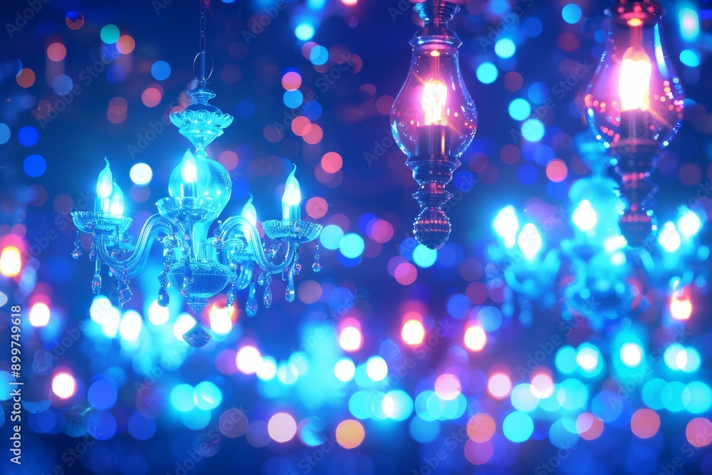 Poster chandelier with colorful lights and bokeh effect creating a festive and magical atmosphere