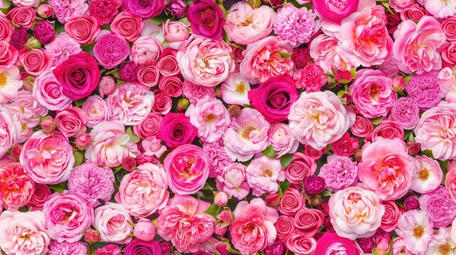 A lush arrangement of pink and white roses fills the garden, showcasing their delicate petals and vibrant colors in the warm spring sunlight SEAMLESS PATTERN