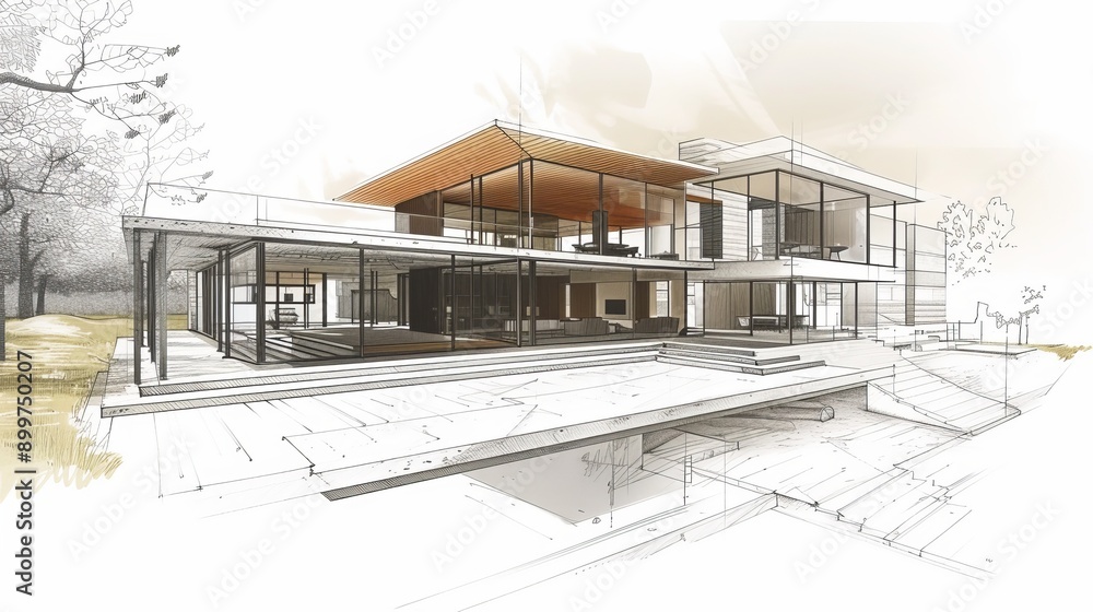 Poster intricate architectural sketch of a contemporary house design, featuring open spaces and modern aest