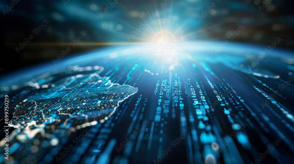 Wall mural earth centered in blue cyberspace made out of code, representing open source software, digital cyber