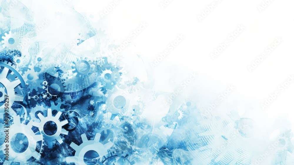 Poster mechanical gears with white and blue gradient background. industrial engineering and machinery conce