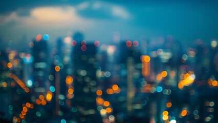 View of the city skyline at night with colorful lights