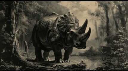Fototapeta premium An artistic depiction of a prehistoric rhinoceros standing in a misty, dense forest. The monochromatic scene adds a sense of mystery and ancient wilderness, capturing the majestic and formidable