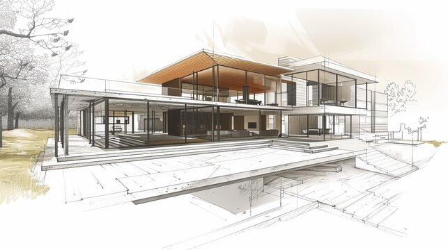 Intricate architectural sketch of a contemporary house design, featuring open spaces and modern aesthetics. The drawing highlights the structural details and layout, providing a comprehensive view of