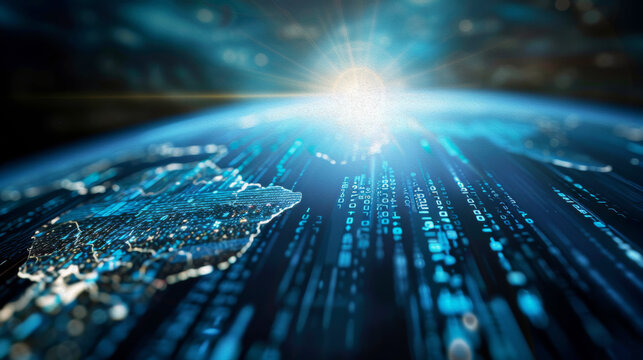 Earth centered in blue cyberspace made out of code, representing open source software, digital cyberpunk 