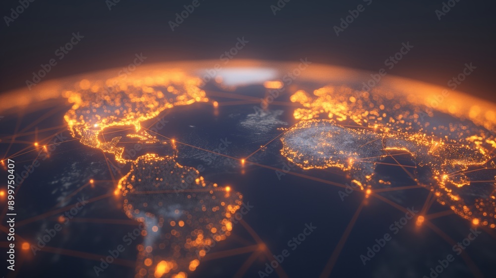 Aufkleber high-resolution digital earth with glowing networks and connections in nighttime globe view represen