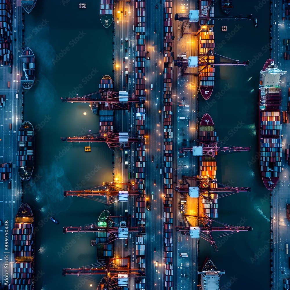 Poster aerial view of large cargo port with cranes unloading massive container ships industry concept
