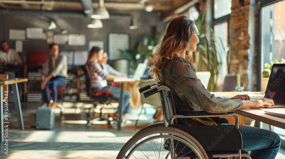 Poster woman in a wheelchair working on a laptop in a creative office environment. emphasizing inclusion an