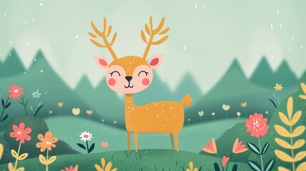 Cute Cartoon Deer in Springtime Meadow with Flowers and Mountains, Delightful Nature Illustration, Whimsical Animal Art for Children's Books and Nursery Decor