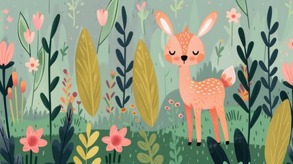 Adorable Baby Deer in Whimsical Springtime Forest, Surrounded by Flowers and Leaves, Charming Pastel Colors, Perfect for Children's Illustration and Nature-Themed Designs