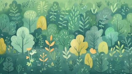 Vibrant Forest Landscape with Diverse Foliage and Greenery, Lush Springtime Nature Background, Colorful Stylized Trees and Plants, Ideal for Environmental Themes and Seasonal Graphics