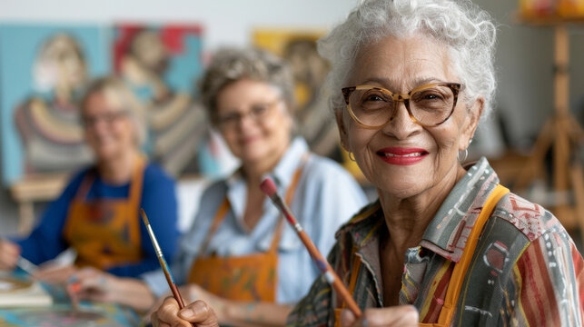 Group of Adults Enjoying a Painting Class in a Bright Studio Environment - Powered by Adobe