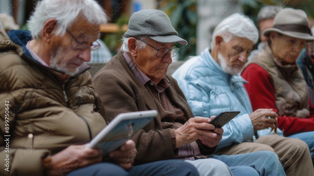Poster a group of elderly individuals focuses on their digital devices while seated at a community gatherin