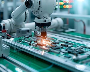 Robotic Arm Assembling Electronic Components on Production Line Industry Concept