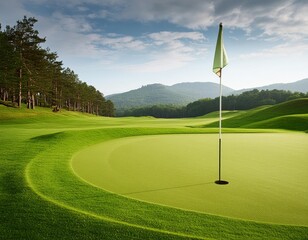 Obraz premium A golf course with a flag planted in the green
