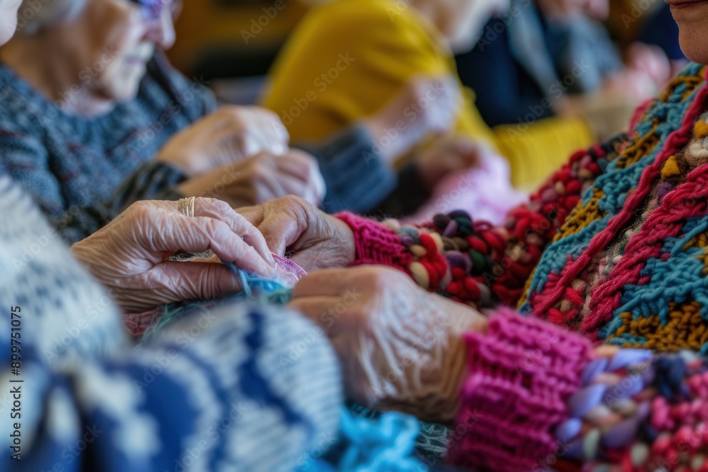 Poster elderly individuals knit and sew together in a community learning environment, sharing skills and en