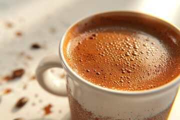 Cup of hot chocolate with frothy top showcasing the comfort and warmth of a beloved drink