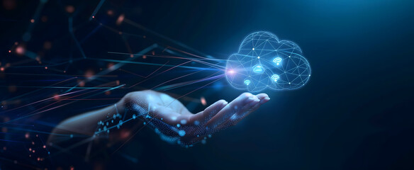 Digital holding cloud icons symbolizing artificial intelligence content management dark blue background AI Cloud Icons Concept