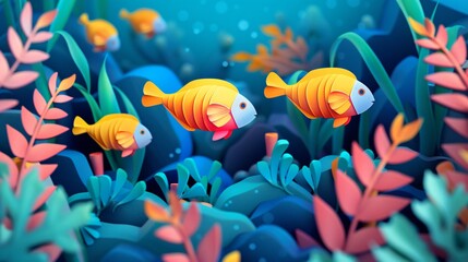 Naklejka premium Tranquil Underwater Oasis Minimalist Flat Art of Fish Among Coral and Algae