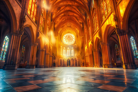 Nef de cath&eacute;drale avec le soleil au travers de vitraux