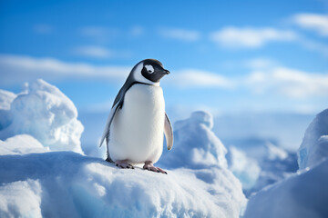 Obraz premium A cute gentoo penguin waddles across the white snow of Antarctica