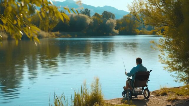 An elderly caucasian man in a wheelchair fishes by a tranquil lake during sunset. He wears a blue shirt and beige pants. Mountains and trees create a peaceful backdrop, emphasizing relaxation.