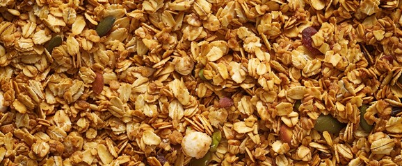 Macro close-up of golden fresh granola mix with nuts and dried fruits, colorful crunchy granola...