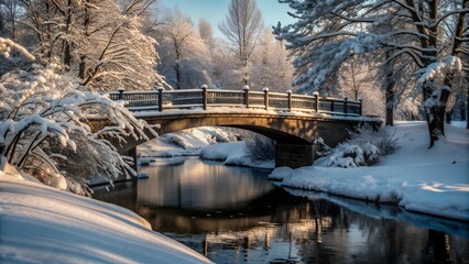 A bridge covered in snow, spanning over a frozen river or creek. The surrounding area features snow-covered trees and shrubs, creating a serene and picturesque winter scene.