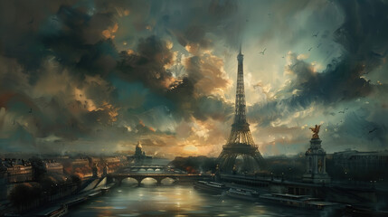 classic traditional oil painting illustration of Eiffel Tower