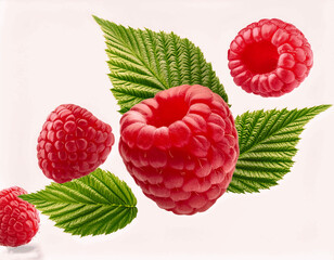 Flying ripe juicy raspberries with leaves isolated on a white background