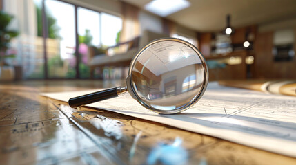 Detailed Home Inspection with Magnifying Glass and Report on Clean Surface in House for Real Estate or Property Inspection Concept.