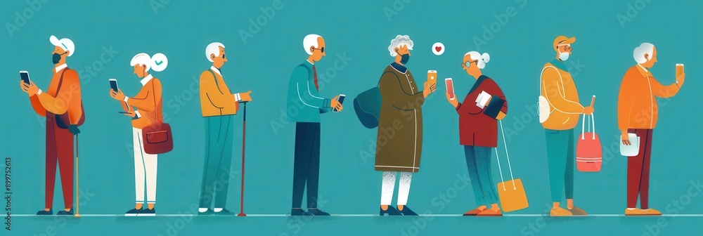 Poster a group of elderly individuals stands in line at a community center, using their mobile devices and 