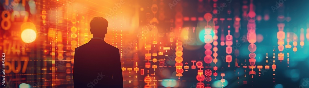 Poster silhouette of a person observing digital data and vibrant lights, symbolizing technology and modern 