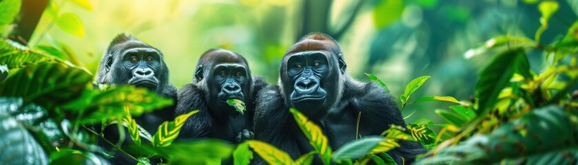 Obraz premium Three gorillas gather in a lush jungle, surrounded by vibrant greenery, showcasing their natural habitat and social behavior.