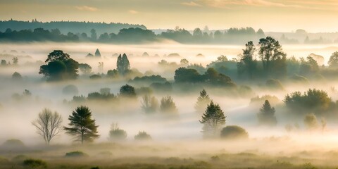 A forest or field shrouded in thick morning fog, with visible silhouettes of trees or bushes.